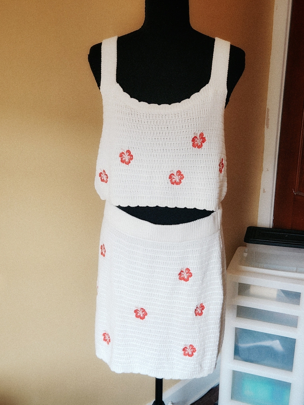 wild fable White Crochet Crop Top & Skirt Set with Red Floral Accents